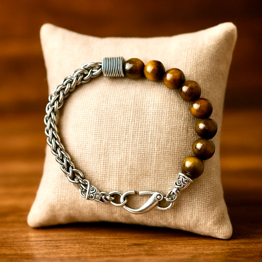 Bracelet Homme Œil de Tigre et Chaîne en acier