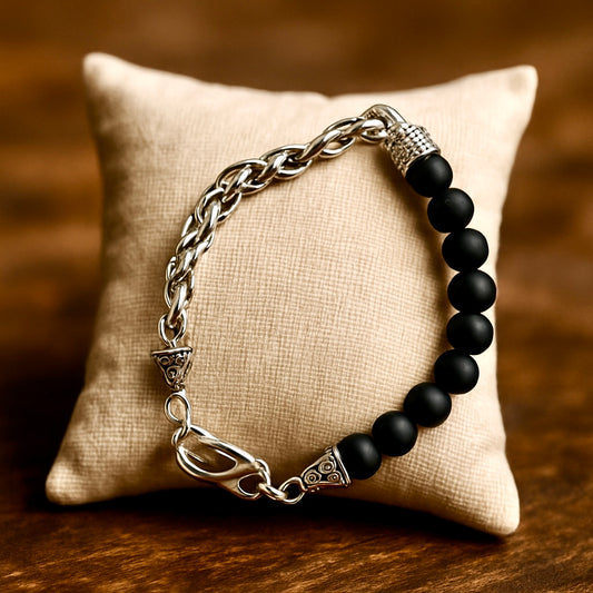 Bracelet Homme Onyx Mat et Chaîne en acier