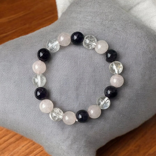 Bracelet Obsidienne, Quartz Rose & Cristal de Roche