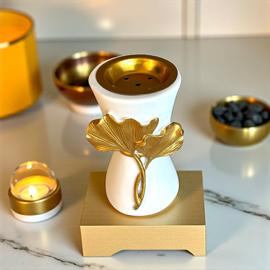 Brûleur d'encens pour résine et cônes en céramique blanc et doré