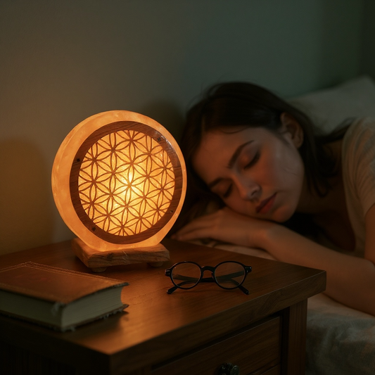 Lampe de sel de l'Himalaya fleur de vie