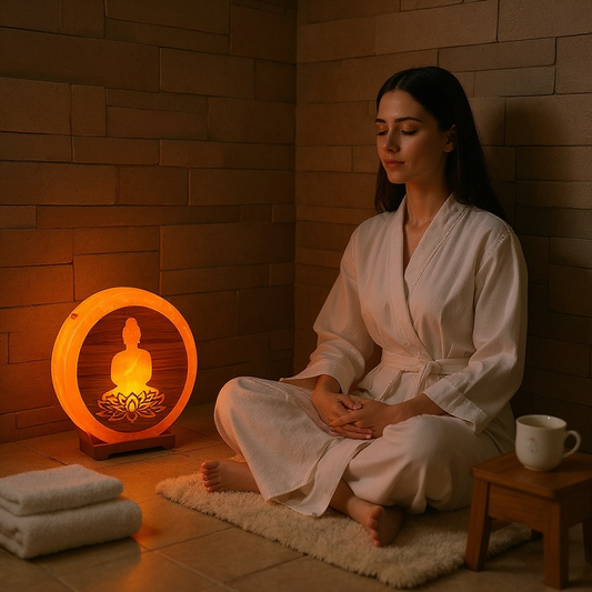 Lampe en sel de l'Himalaya Bouddha & Fleur de Lotus
