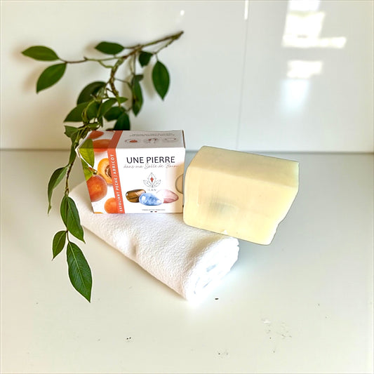 Savon exfoliant pêche-abricot 140 g avec pierre roulée à l'intérieur