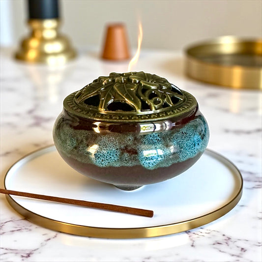 Brûleur d'encens pour résine et cônes marron foncé turquoise