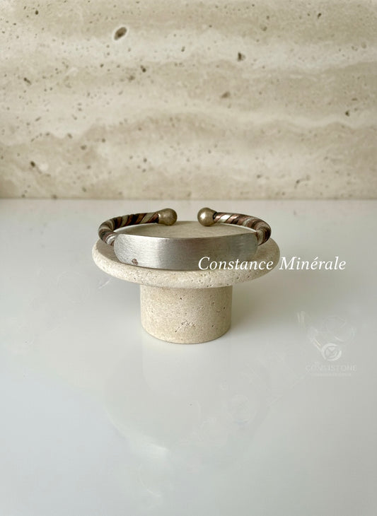 Bracelet jonc mixte en métal brossé et enroulements artisanaux