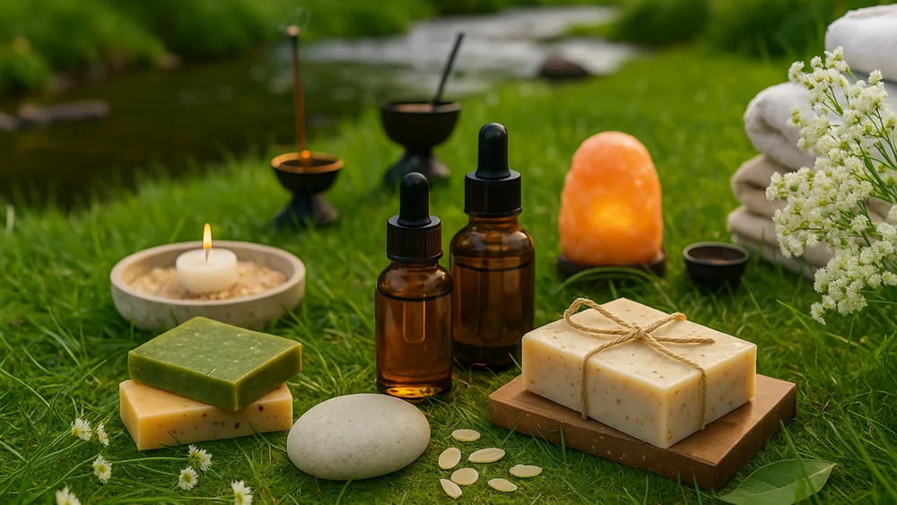 Savons naturels, huiles essentielles et lampe de sel dans la nature