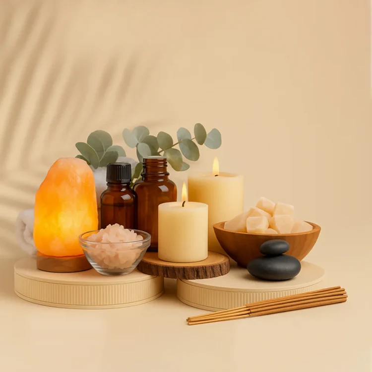 Univers bien-être : lampe de sel, bougies, huiles essentielles et encens