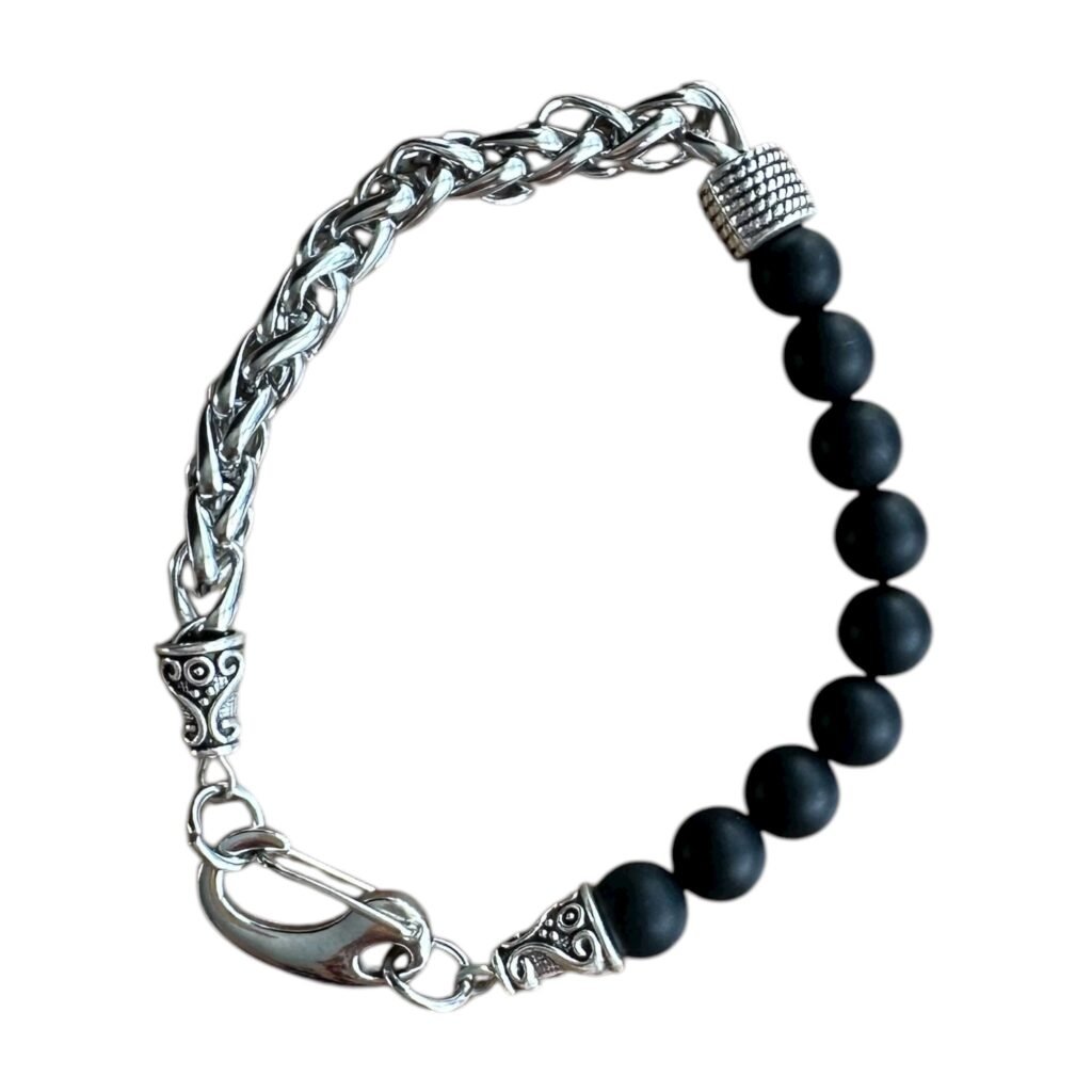Bracelet Homme Onyx Mat et Chaîne en acier