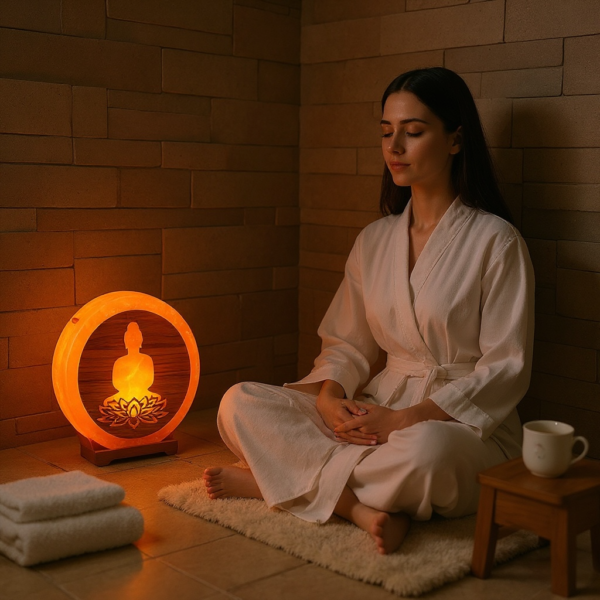 Lampe en sel de l'Himalaya Bouddha & Fleur de Lotus