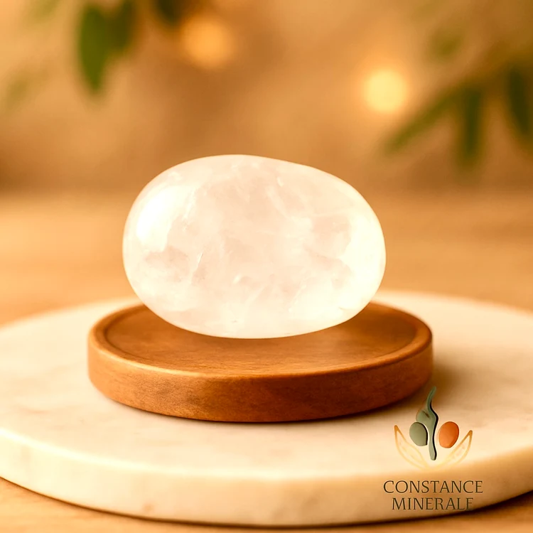 Pierre roulée en cristal de roche sur un socle en bois
