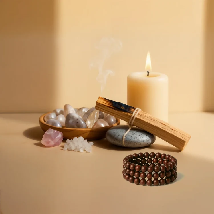 Bougie, encens, pierres naturelles et bracelet pour un rituel spirituel