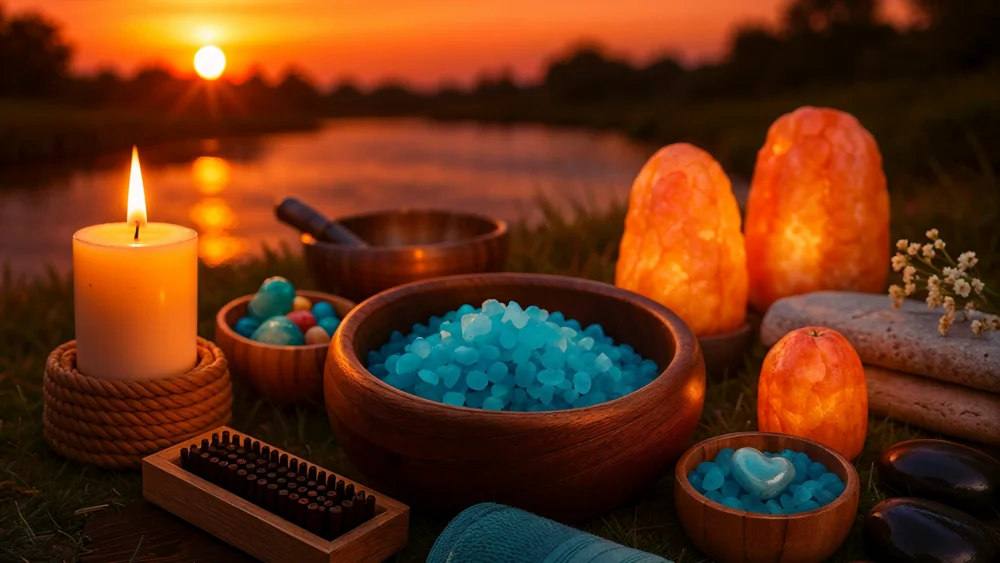Lampes de sel de l'Himalaya, bougie et sels de bain